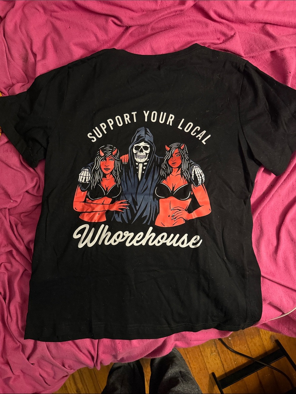 Support Your Local Whorehouse Graphic Tee - Black with Red Accents